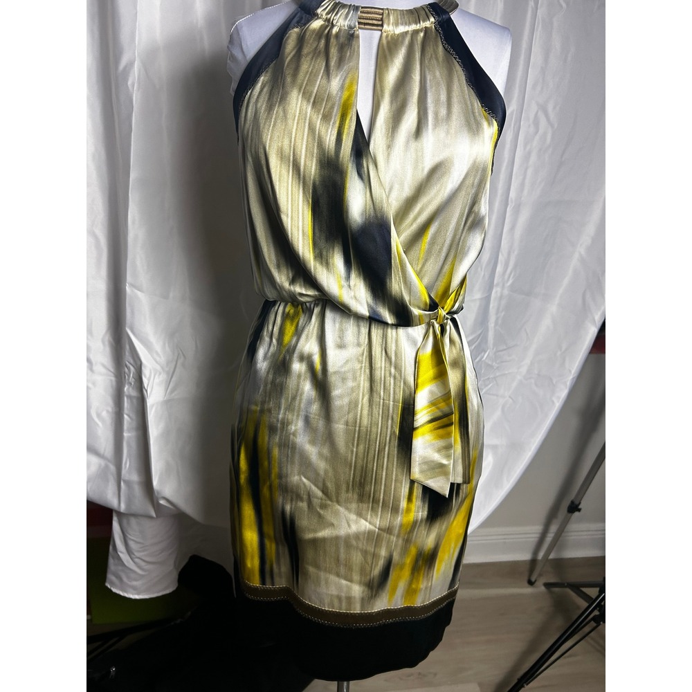 Tahari Halter Neck Silk Blend Abstract Print Wrap Cocktail Dress Gold Yellow